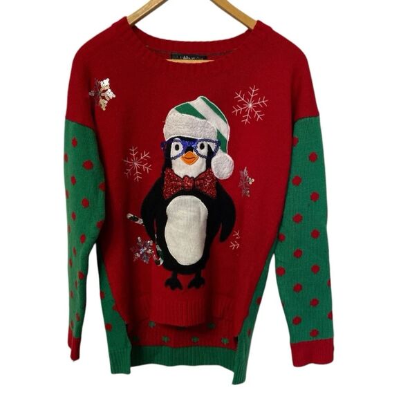 United States Sweaters Womens M Christmas Penguin Glasses Bow Sequins Polka Dots - Picture 3 of 10